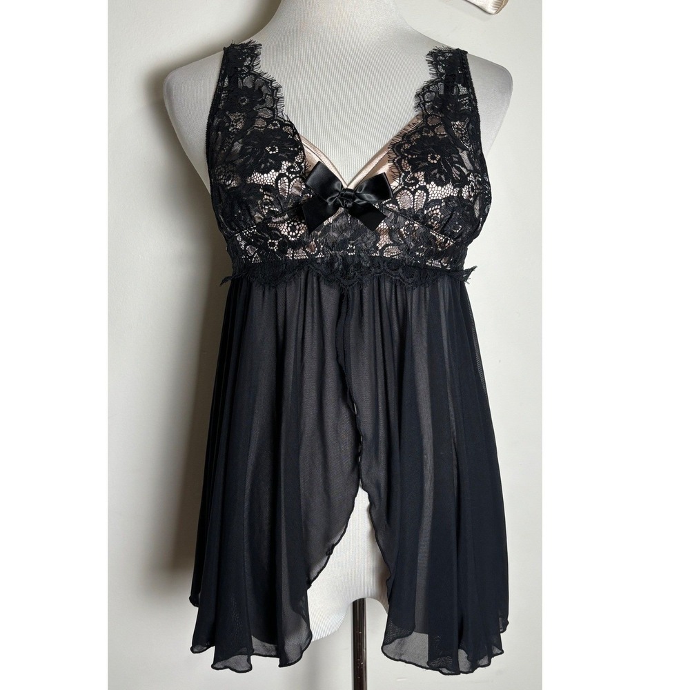 Fredericks of Hollywood‎ Babydoll Top S Coquette Black Sheer Mesh Lace Lingerie